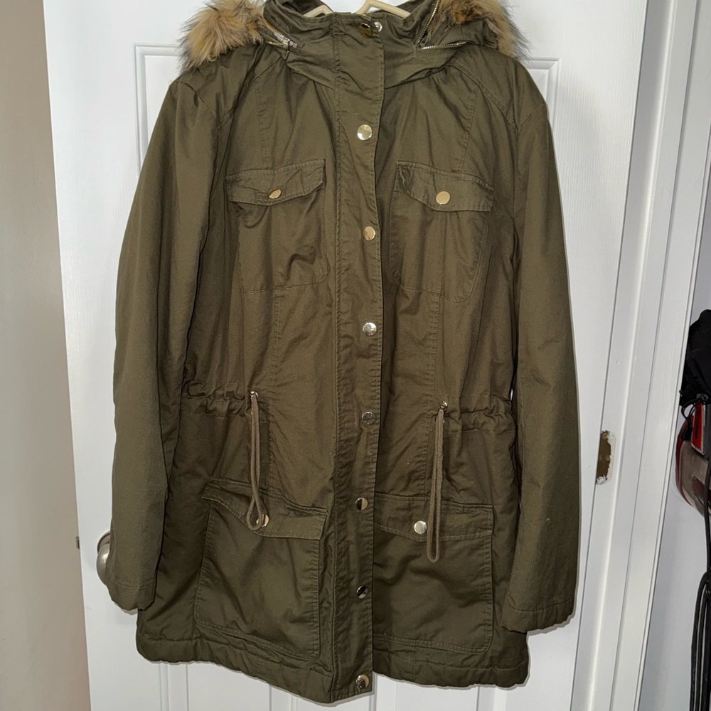 New York & Company Olive Green Faux Fur Trim Parka Jacket